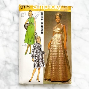 70s Simplicity 9118. 34, 36 bust. empire waist mod retro cocktail dress evening gown. long sleeves. 1970s Vintage Sewing Pattern