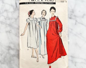 Advance 8488 – Bust 34. 1950s nightgown in two lengths with yoke. Long sleeve vintage sleepwear sewing pattern.