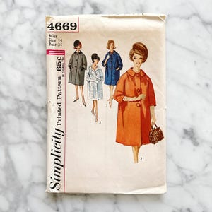 May include: Simplicity sewing pattern number 4669, size 14, bust 34, for a coat. The pattern shows four different styles of coats, including a red coat, a blue coat, a white coat, and a grey coat.
