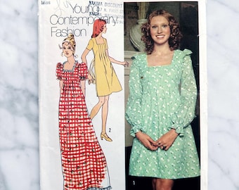70s Simplicity 5012. 34 bust. retro pintuck front pleat apron babydoll dress + long short puff sleeves. 1970s vintage sewing pattern