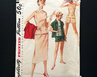 May include: Vintage Simplicity sewing pattern 1124 for a dress and shorts. The pattern is printed on a white paper with a red and black Simplicity logo. The pattern includes three figures wearing the garments. The pattern is for size 16, bust 34.