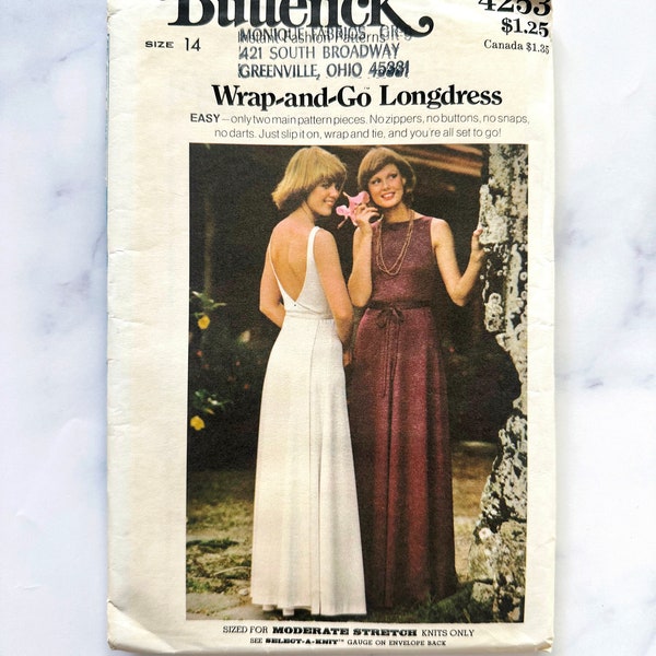 70s Butterick 4253. 36 bust. ff Stretch Knit Wrap Maxi Dress. low back front wrap and go long gown. 1970s Vintage Sewing Pattern