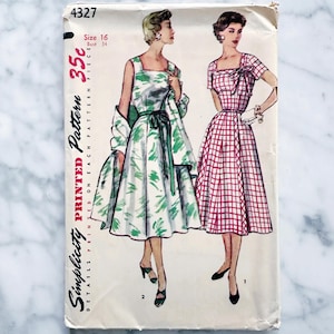 May include: Vintage Simplicity sewing pattern for a dress, size 16, bust 34. The pattern features two models wearing different versions of the dress, one with a floral print and the other with a red and white gingham pattern. The pattern is labeled "Simplicity PRINTED Pattern 35c".