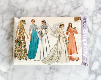 70s Simplicity 6160. 36 bust. Empire waist prairie cottage core boho wedding gown maxi prom dress train 1970s vintage sewing pattern