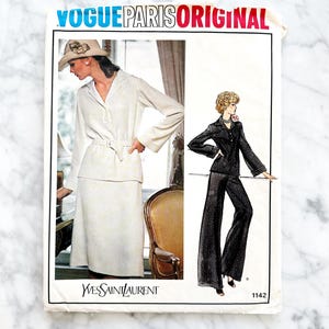 May include: Vintage Vogue Paris Original sewing pattern featuring a design by Yves Saint Laurent. The pattern is for a two-piece outfit with a skirt and a top. The pattern number is 1142.