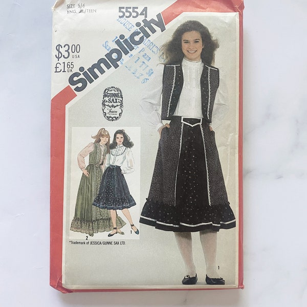 80s Simplicity 5554. 28 bust. uncut ff Gunne Sax ruffled tiered skirt long sleeve pintuck bib yoke blouse vest. 1980s vintage sewing pattern