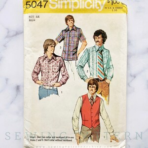May include: A vintage Simplicity sewing pattern for men's shirts and waistcoats. The pattern number is 5047 and the size is 44. The pattern shows three different views of the shirts, one with a collar and neckband, and two with a collar without a neckband. The pattern also shows a waistcoat.