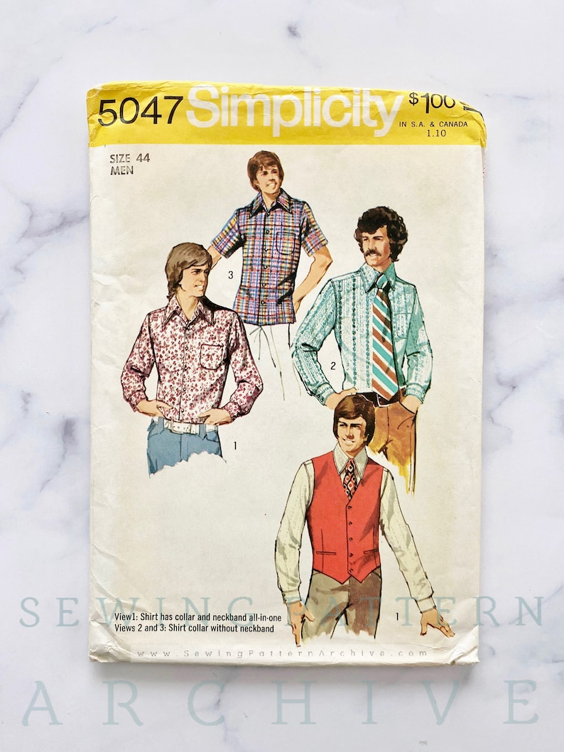 May include: A vintage Simplicity sewing pattern for men's shirts and waistcoats. The pattern number is 5047 and the size is 44. The pattern shows three different views of the shirts, one with a collar and neckband, and two with a collar without a neckband. The pattern also shows a waistcoat.