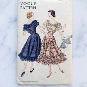 May include: Vintage Vogue sewing pattern for a dress, size 12, 30 bust, 33 hip. The pattern shows two women wearing dresses with ruffled skirts. One dress is blue with white polka dots and the other is white with red and blue floral print. The pattern number is 7038 and the price is 75 cents.