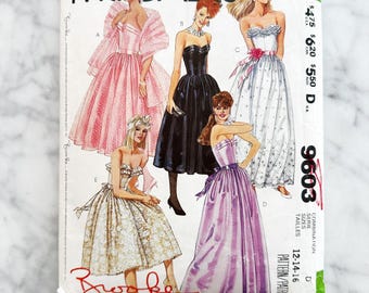 McCall’s 9603 – Sizes 12-14-16. Brooke Shields 1980s strapless formal gown with full skirt and shawl wrap. Vintage sewing pattern.