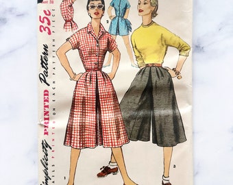 50s Simplicity 1209. 38 bust uncut ff. one piece romper jumpsuit culotte pant dress wide leg crop pants retro 1950s Vintage Sewing Pattern