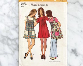 70s Simplicity 5063. 31, 34 bust. Babydoll dress w patch pockets. puff short sleeves pintuck smock shift dress 1970s vintage sewing pattern