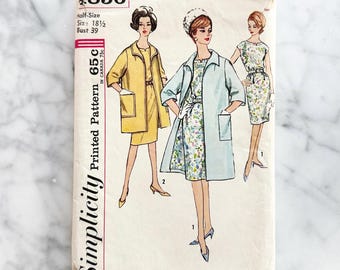 Simplicity 4856 – Bust 39. 1960s dress and coat set. Half size slenderette tailored ensemble. Vintage sewing pattern.