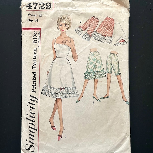 60s Simplicity 4729. 25 waist. Reversible half slip and petti pants. tier ruffle skirt LINGERIE SEPARATES 1960s Vintage Sewing Pattern