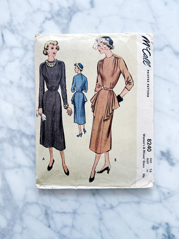 50s Mccalls 8240. 34 Bust. Draped Skirt Panel Long Sleeve Cocktail Dress.  Retro Rockabilly Slim Fitted Dress. 1950s Vintage Sewing Pattern - Etsy