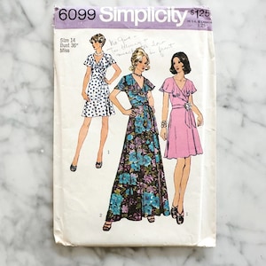 May include: Vintage Simplicity sewing pattern 6099 for Misses' dresses. The pattern envelope features illustrations of three different dress designs. The bust size is 36 inches.