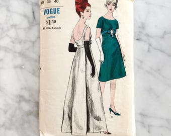 Vogue 5942 – Bust 38. 1960s evening dress empire waist gown. Formal cocktail or floor length style. Vintage sewing pattern.