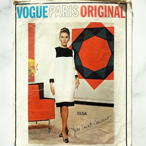 Vogue Paris Original 1556. 32 Buste. Motif vintage des années 60. Patron de couture vintage YSL Mondrian à manches longues mod robe droite rétro des années 1960