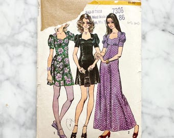 Simplicity 9779. Bust 30.5 or 32.5. 1970s mini maxi puff sleeve dress pattern. Vintage sewing pattern
