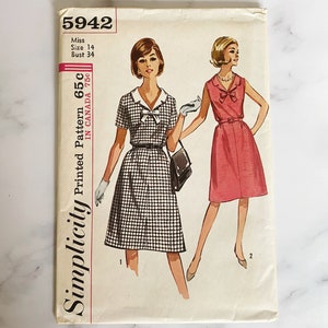 60s Simplicity 5942. 34 bust. uncut ff. 1960s a line skirt dress with notched collar and bow. short sleeves vintage sewing pattern image 1