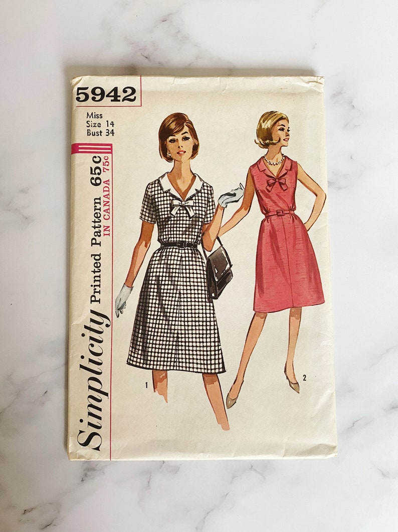 60s Simplicity 5942. 34 bust. uncut ff. 1960s a line skirt dress with notched collar and bow. short sleeves vintage sewing pattern image 1