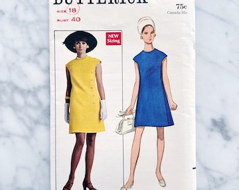 60s 70s Butterick 5272. 40 bust. side button cap sleeve jewel neckline A Line skirt shift dress. 1970s Vintage Sewing Pattern volup plus