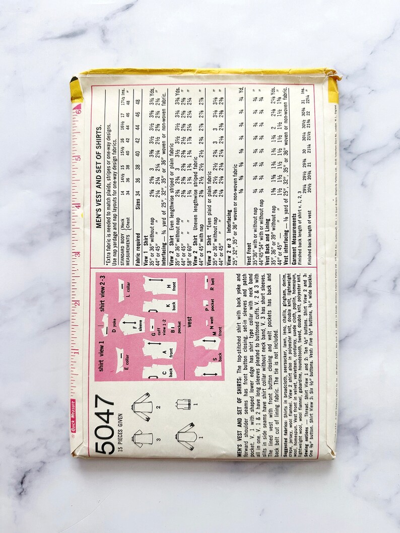 May include: A vintage sewing pattern for a vest and set of shirts. The pattern is labelled "5047" and includes 15 pieces. The pattern includes instructions for making a vest and three different styles of shirts. The pattern includes a chart with fabric requirements and measurements for different sizes.