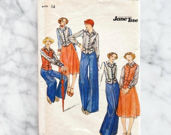 Butterick 4642 – Bust 36. 1970s Jane Tise vest shirt skirt pants set. Tailored menswear separates wardrobe. Vintage sewing pattern.
