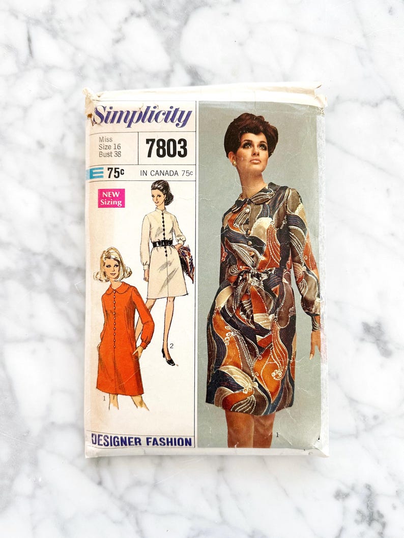 60s Simplicity 7803. 38 Bust. Stand up Collar Button Shift Dress Long ...