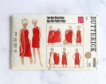 60s Butterick 4699. Small 31 32 bust. Two Way Bias Trim One Piece three armhole apron sheath Wrap Dress 1960s Vintage Sewing Pattern
