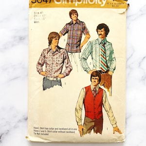 May include: Vintage Simplicity sewing pattern number 5047 for a shirt. The pattern includes three different views: one with a collar and neckband, and two with a collar without a neckband. The pattern is for a size 42 chest, with a 16 inch neck. The pattern is priced at &pound;1.00 in the UK and &pound;1.10 in Canada.