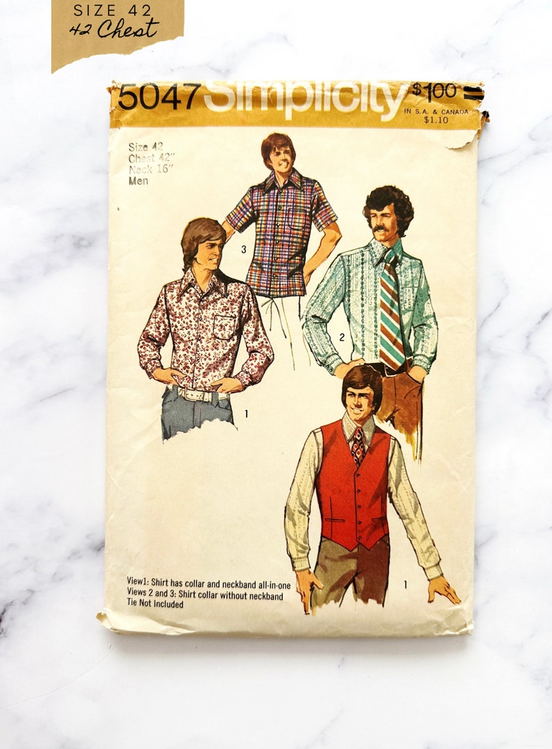 May include: Vintage Simplicity sewing pattern number 5047 for a shirt. The pattern includes three different views: one with a collar and neckband, and two with a collar without a neckband. The pattern is for a size 42 chest, with a 16 inch neck. The pattern is priced at &pound;1.00 in the UK and &pound;1.10 in Canada.
