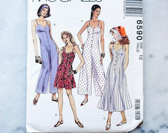90s McCalls 6590. 34 bust uncut ff. sweetheart neck spaghetti strap button jumpsuit romper wide leg pants . 1990s vintage sewing pattern