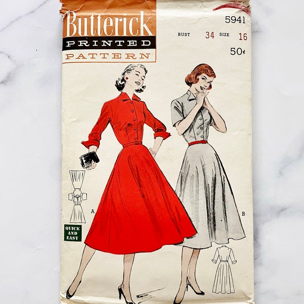 50s Butterick 5941. 34 bust. Fit and flare collar button shirt dress rockabilly retro party dress with sleeves 1950s vintage sewing pattern.