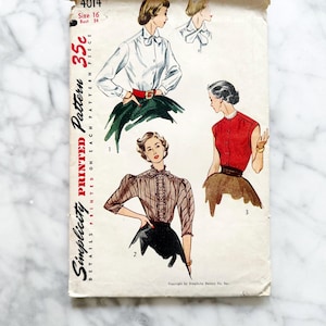May include: Vintage Simplicity printed pattern 4014, size 16, bust 34. The cover features illustrations of women's blouses and tops. The pattern includes details printed on each pattern piece. The cover is aged with wear.