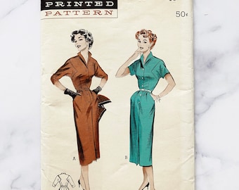 50s Butterick 6797. 36 bust. slim wiggle skirt wing collar spectator short sleeve dress. volup plus size 1950s Vintage Sewing Pattern