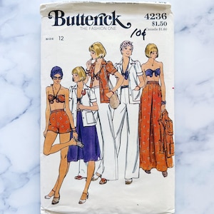 70s Butterick 4236 34 bust uncut ff. weekender set strapless bandeau halter bra top. High waist pants retro mod 1970s Vintage Sewing Pattern