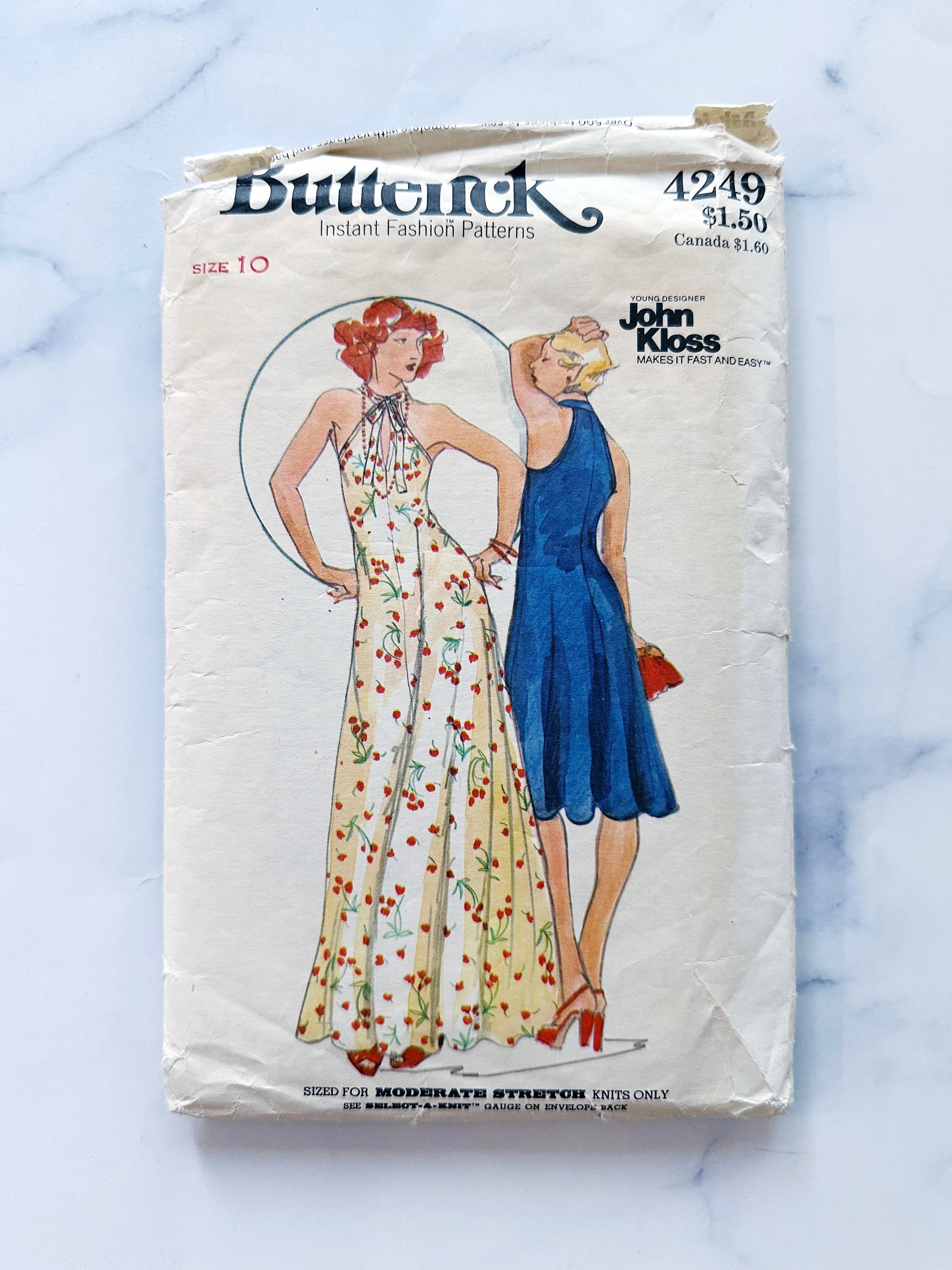 70s Butterick 4249. 32 bust. retro boho halter keyhole neckline long  stretch knit maxi dress. 1970s John Kloss Vintage Sewing Pattern