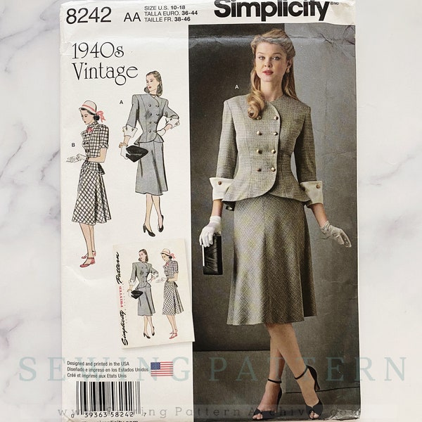 Simplicity 8242. 10-18 uncut ff new. peplum 2 piece skirt suit with slim straight skirt dress ensemble. 1940s vintage sewing pattern reissue