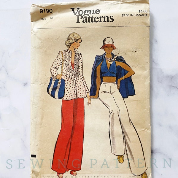 70s Vogue 9190. 34 bust uncut ff. halter crop top, pintuck flowy loose blouse + wide leg pants. retro mod 1970s Vintage Sewing Pattern beach