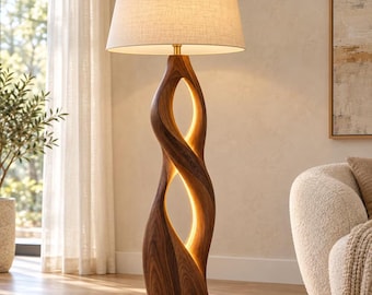 Sculptural Walnut Wooden Floor Lamp with Linen Shade – Warm LED Lighting