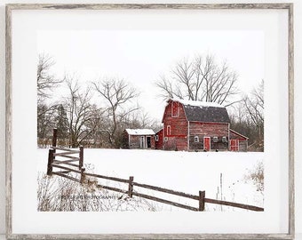 Red Barn in Snow Photo Print, Christmas Barn Photo