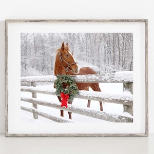 Horse in Snow Photo, Christmas Horse Photo, Winter Horse Photograph, Horse and Christmas Wreath Print, Christmas Wall Art, Horse Lover Gift