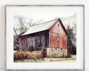 Rustic Red Barn Wall Art, Farmhouse Winter Barn Print, Country Landscape Photography, Rural Farmhouse Decor