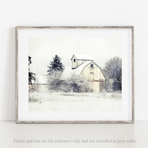 White Barn Photograph, Farmhouse Wall Decor, Winter Barn Photo, White Barn Landscape Photograph, White Barn in Snow Print, White Barn Print image 1