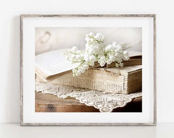 Lily of the Valley Photo, Flower Still Life Photo, White Flower Print, Flowers on Antique Books Print, Cottage Wall Art, Floral Canvas Art