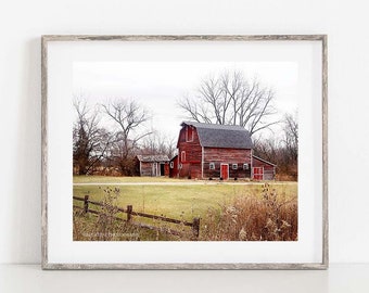 Rustic Red Barn Photo, Farmhouse Wall Decor, Primitive Barn Photograph, Barn Print, Modern Farmhouse Wall Art