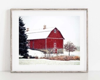Red Barn in Snow Photo, Red Barn Print, Christmas Barn Photo, Rustic Red Barn, Farmhouse Wall Decor, Farmhouse Barn Picture