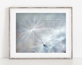 Dandelion Photo, Dandelion Seed Photo Print, Dandelion Wall Art, Blue Shabby Chic Wall Art, Dandelion Canvas Art