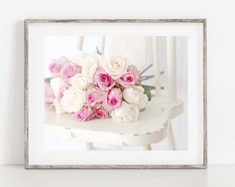 Rose Photography, Cottage Home Decor, Pink Roses, Romantic Rose Photo, Feminine Wall Art, Rose Canvas Art